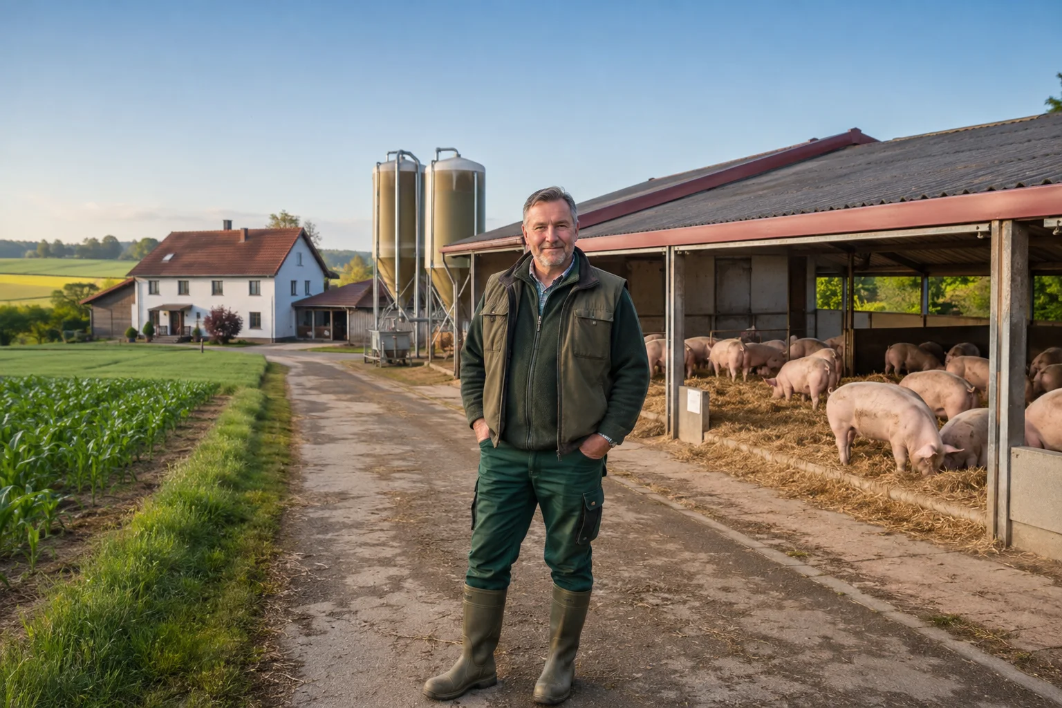 Landwirt vor einem Mastschweinebetrieb mit Stallgebäuden und gesunden Tieren